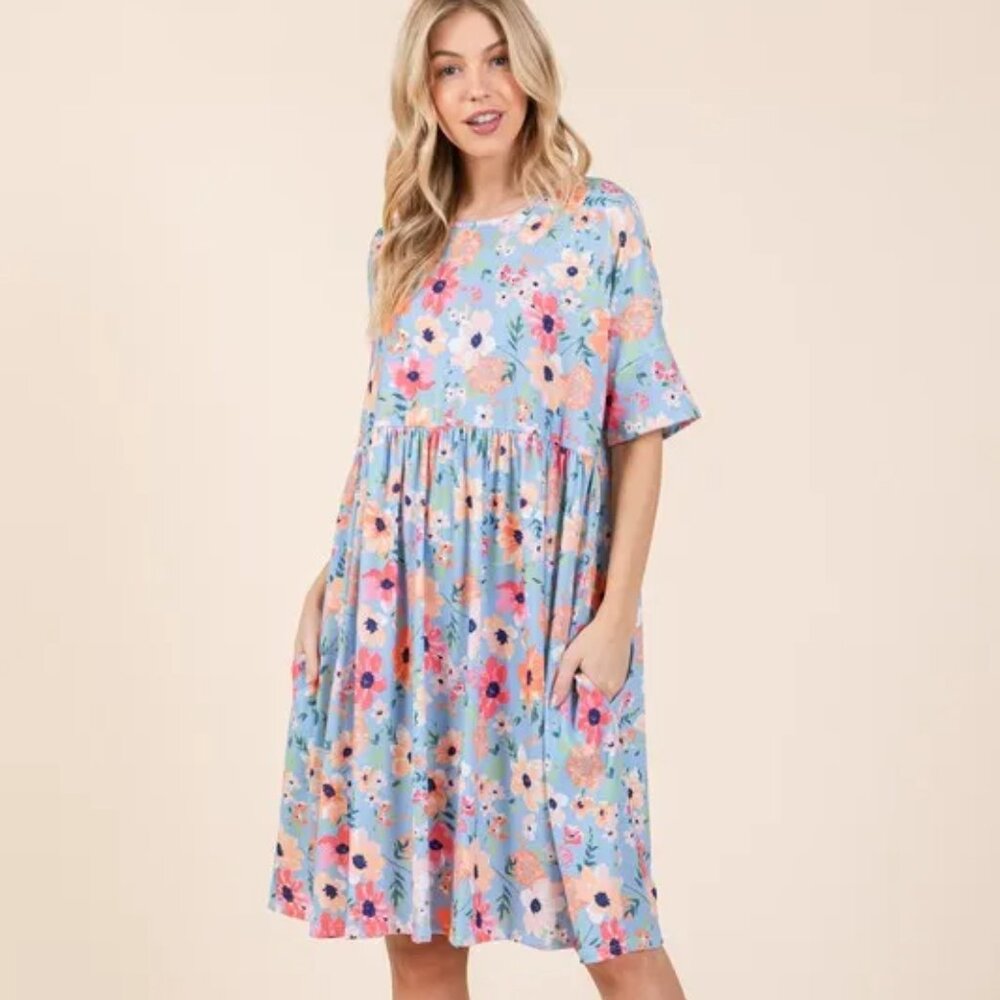 nwt BOMBOM Floral Shirred‎ Dress with Pockets